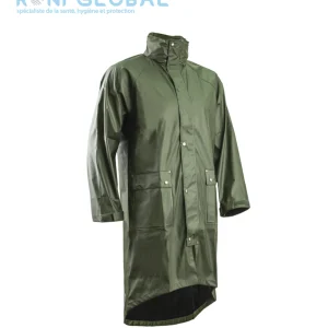 Manteau de travail coupe-vent, anti-pluie et imperméable en polyester enduit polyuréthane vert 2 poches - PU COAT COVERGUARD