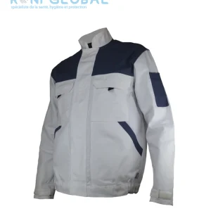 Blouson de travail blanc homme manches longues en coton/polyester 6 poches - DENNIS BLANC/GRIS PBV