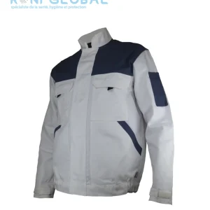 Blouson de travail blanc homme manches longues en coton/polyester 6 poches - DENNIS BLANC/GRIS PBV