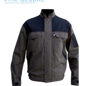 Blouson de travail chocolat homme, manches longues, en coton/polyester sans métal et 6 poches - BLOUSON DENNIS CHOCOLAT/NOIR PBV