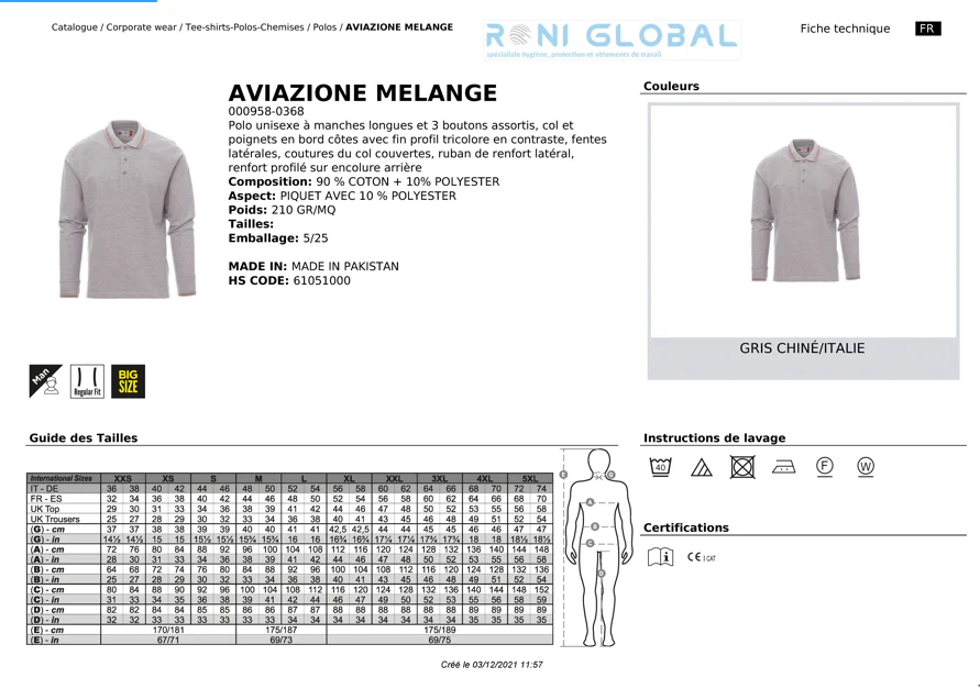 Polo de travail gris unisexe manches longues avec col et poignets tricolores, en coton et polyester - AVIAZIONE MELANGE PAYPER – Image 2