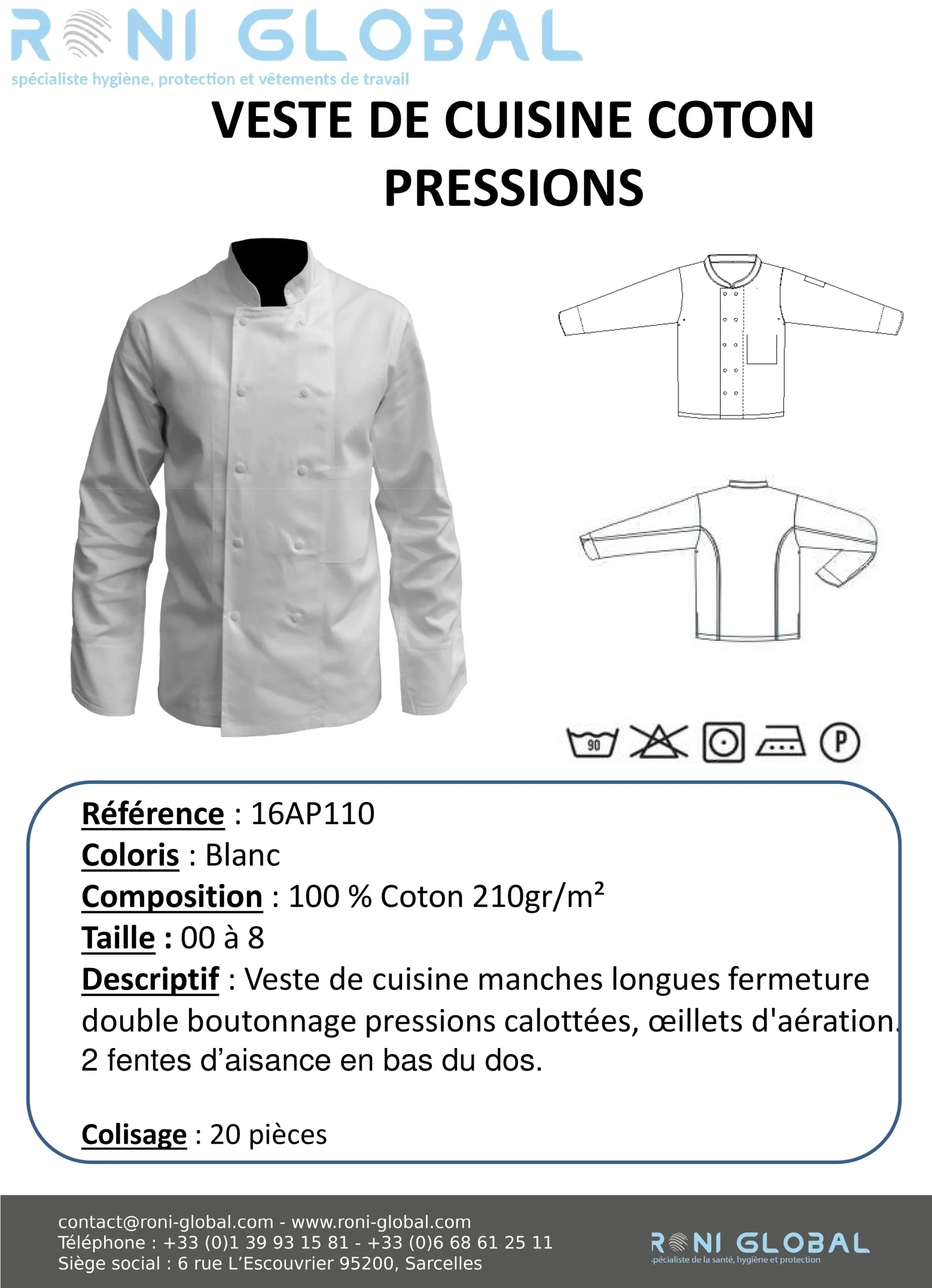 Veste de cuisine blanche manches longues, pressions calottées, en coton 2 poches - VESTE DE CUISINE COTON BLANC PRESSIONS PBV – Image 2