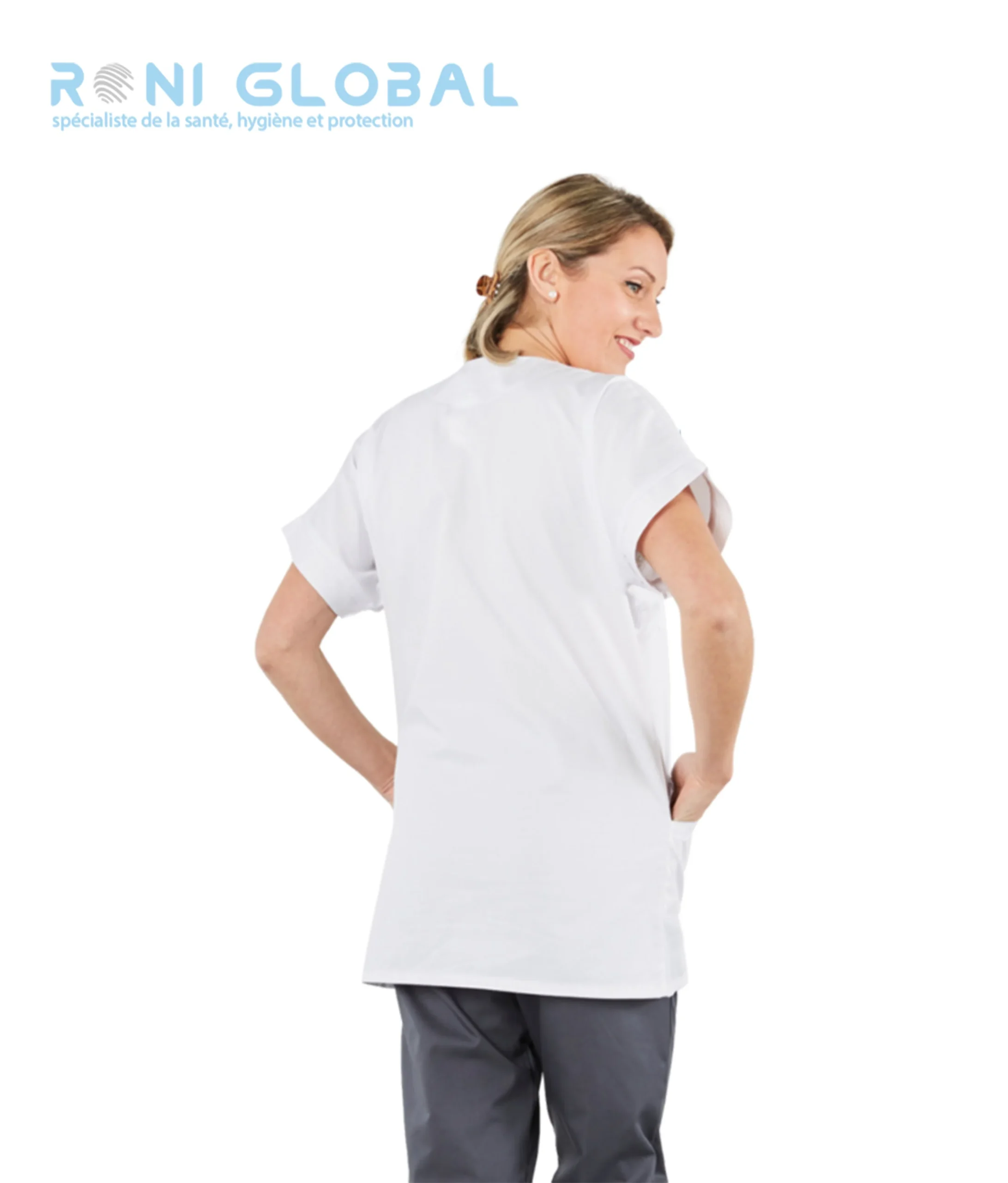 Tunique de travail blanche femme manches courtes et col en V, en coton et polyester 3 poches- TUNIQUE TAM COL V BLANC PBV – Image 2