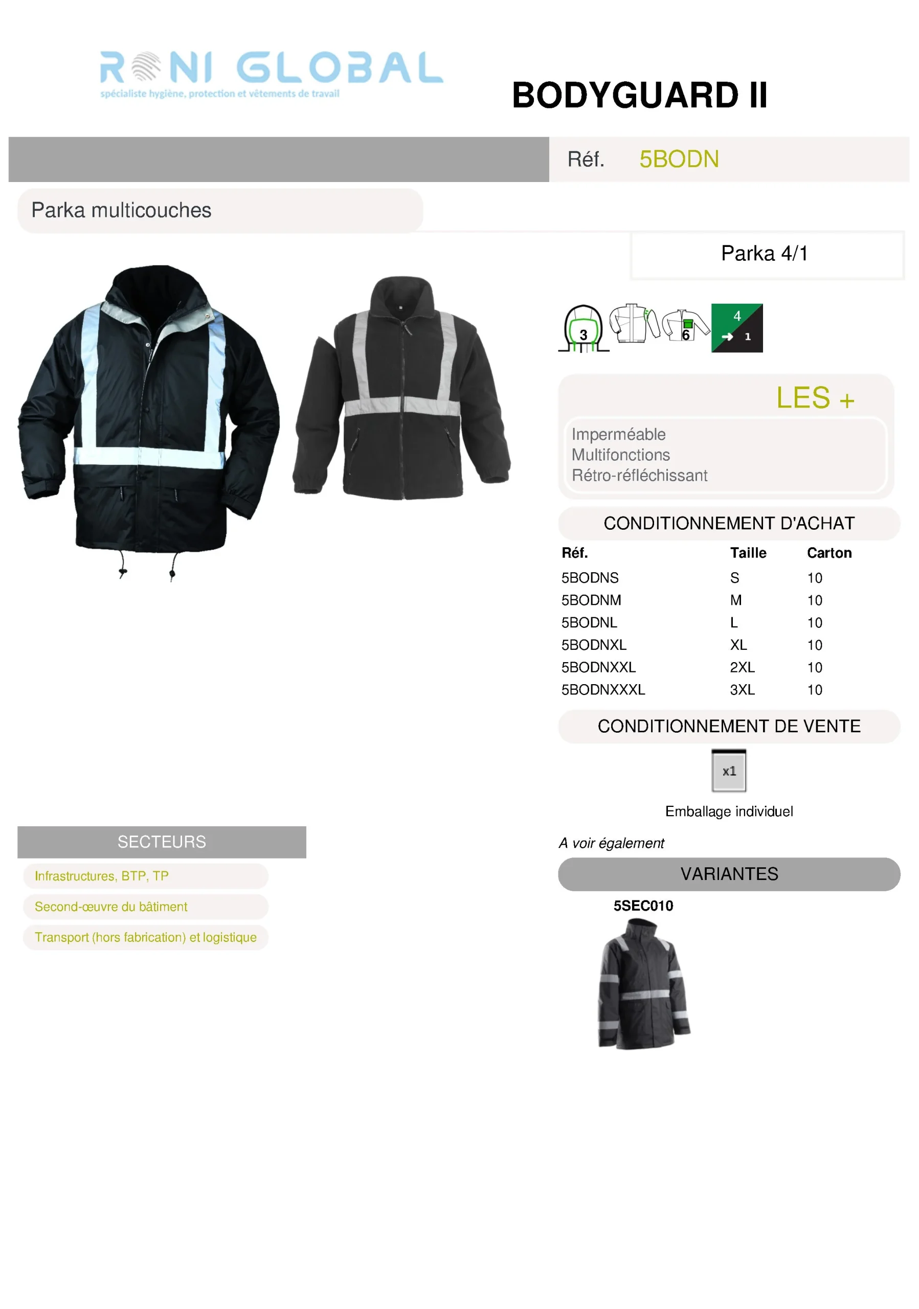 Parka de travail 4en1 anti-pluie, rétroréfléchissant en polyester enduit PVC 6 poches - BODYGUARD II COVERGUARD – Image 2