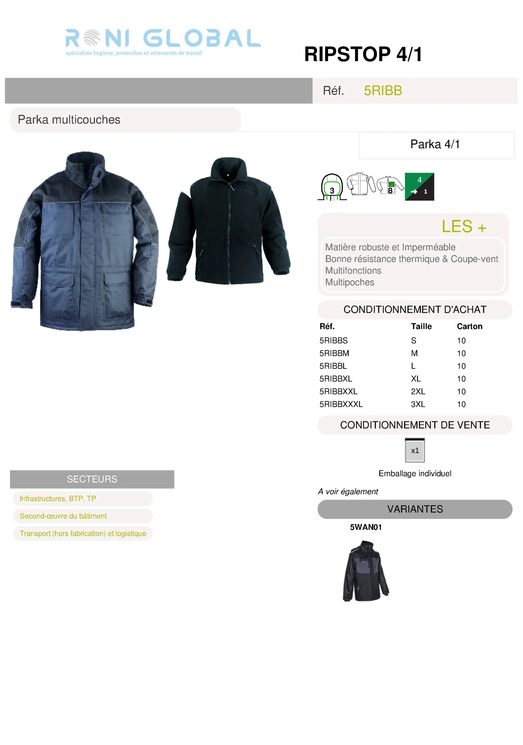 Parka de travail 4en1 coupe-vent, anti-pluie et anti-froid en polyester pongé enduit PVC 8 poches - RIPSTOP 4/1 COVERGUARD – Image 3