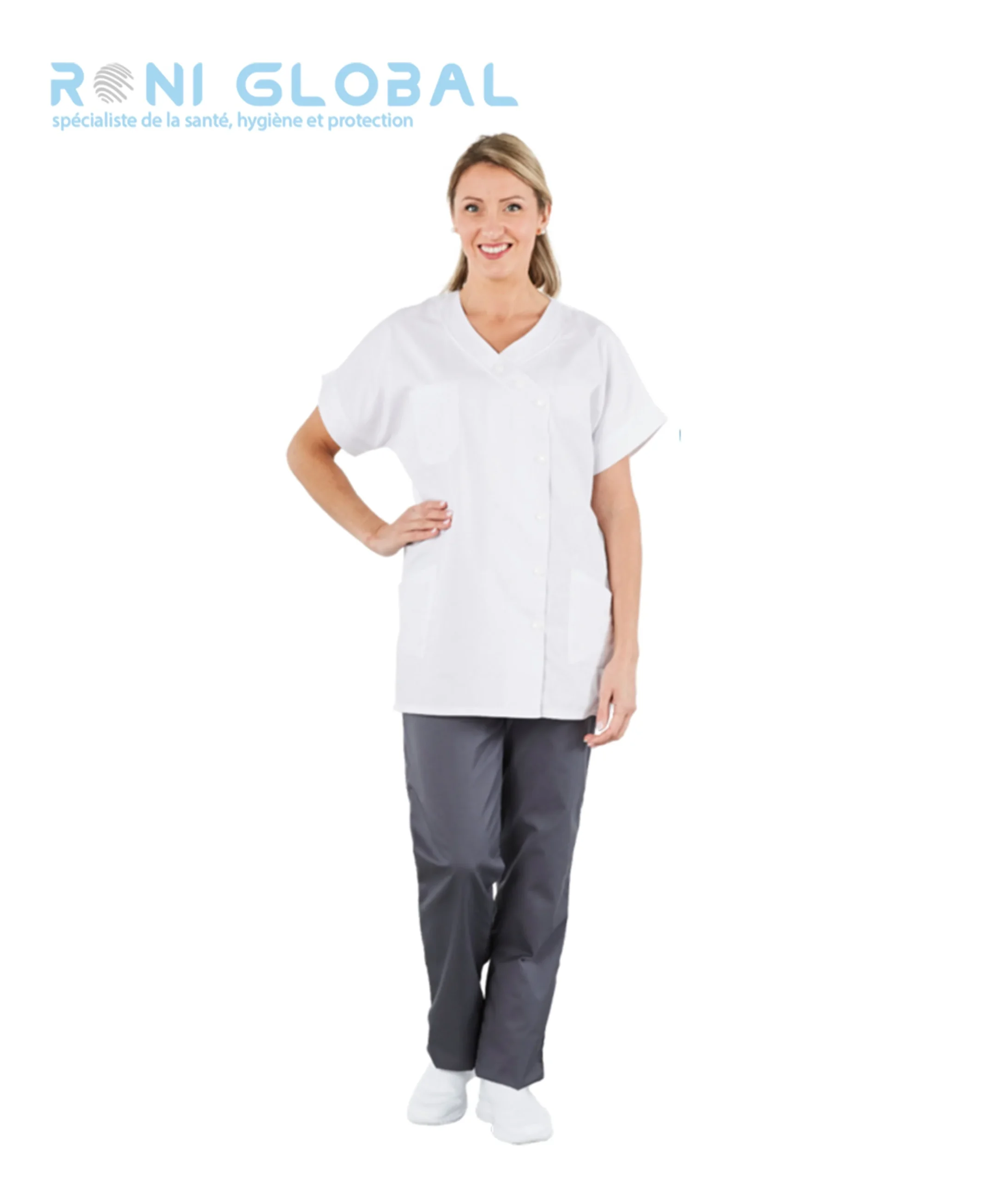 Tunique de travail blanche femme manches courtes et col en V, en coton et polyester 3 poches- TUNIQUE TAM COL V BLANC PBV – Image 3
