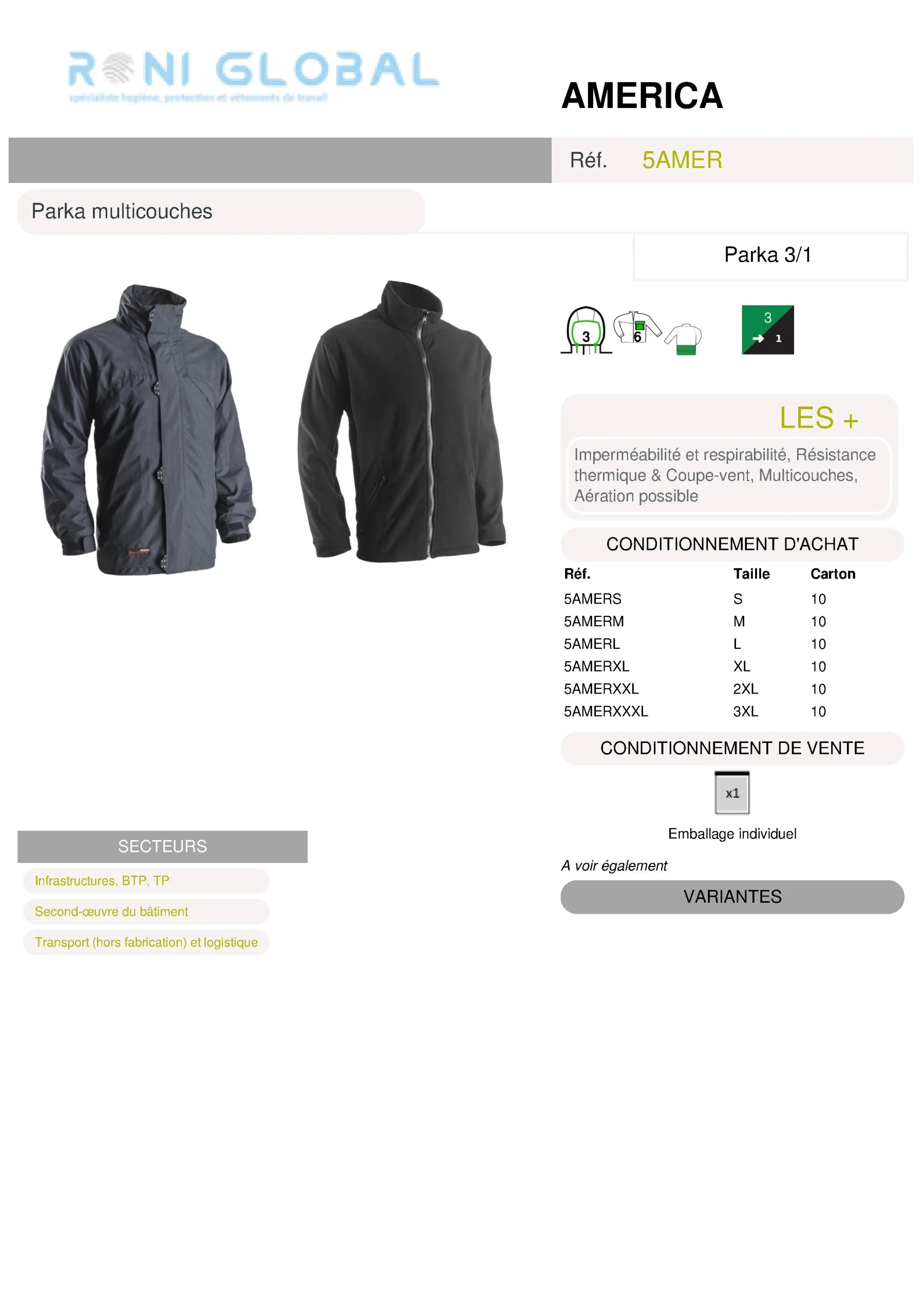 Parka de travail 3en1 coupe-vent, anti-pluie et anti-froid thermique en polyamide taslan 6 poches - AMERICA COVERGUARD – Image 3