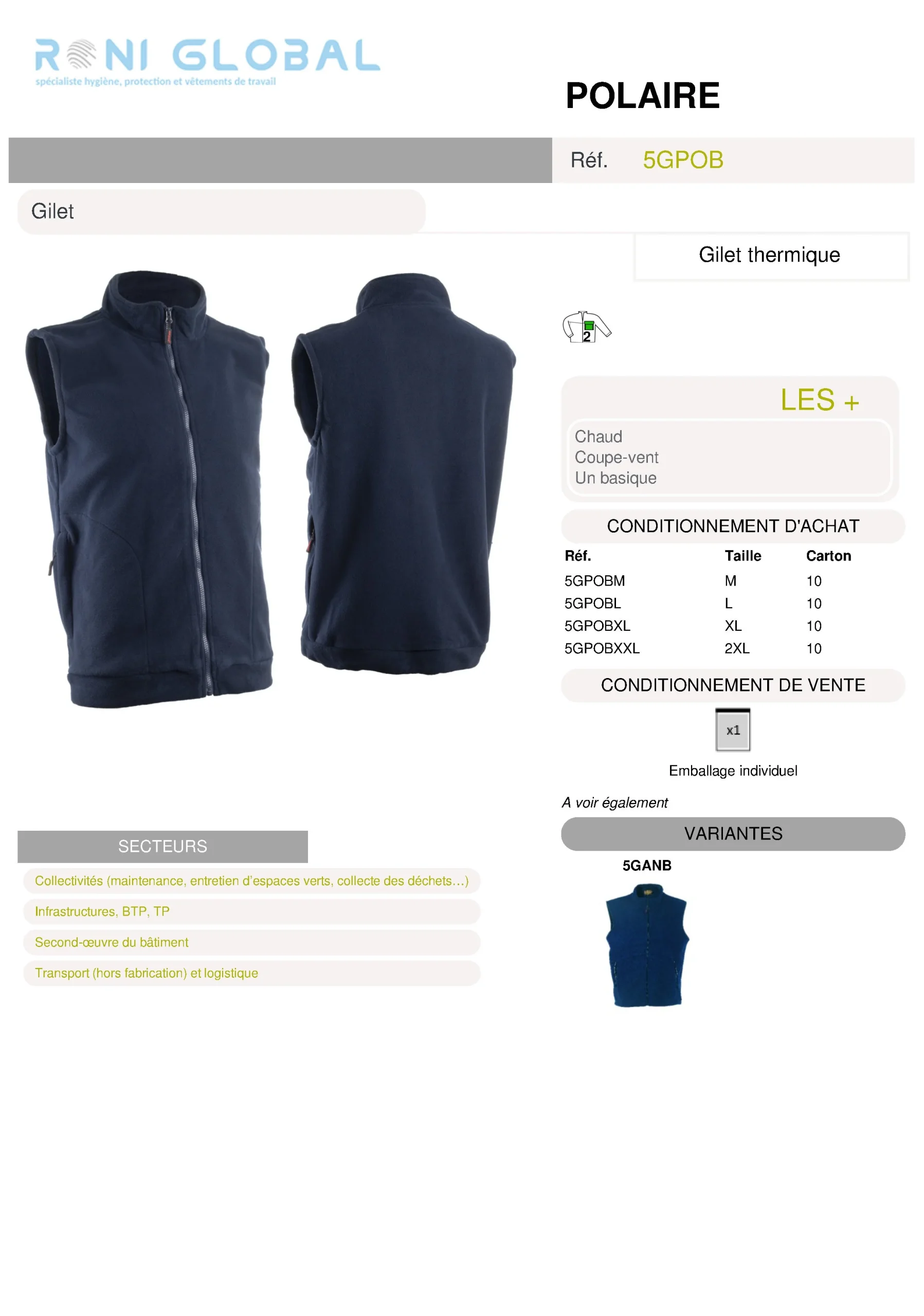 Gilet de travail coupe-vent anti-froid thermique en polyester 2 poches - POLAIRE COVERGUARD – Image 2