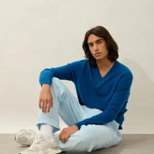 AGEL pull col v bleu chiné 100% cachemire