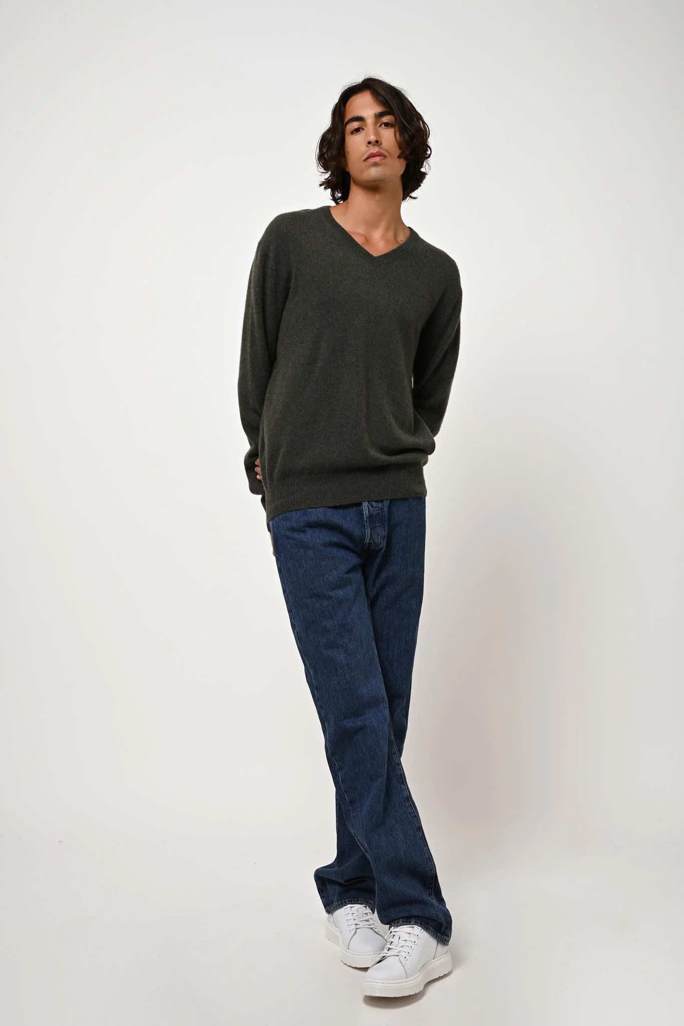 AGEL pull col v kaki chiné 100% cachemire – Image 2