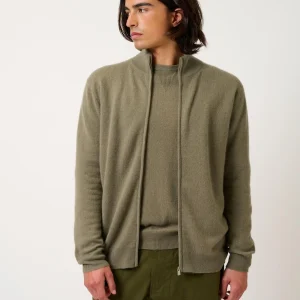 ALBARON gilet zippé col montant army 100% cachemire