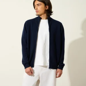 ALBARON gilet zippé col montant navy 100% cachemire