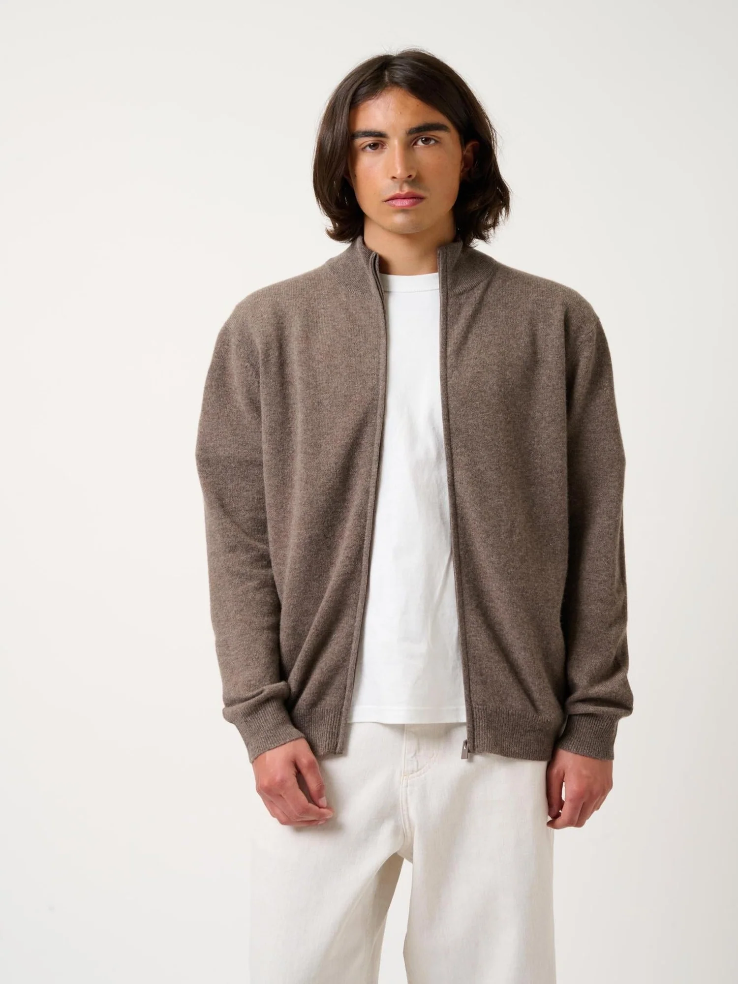 ALBARON gilet zippé col montant taupe chiné 100% cachemire