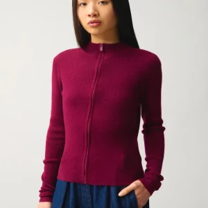 ALBERTE gilet zippé col montant bordeaux 100% cachemire