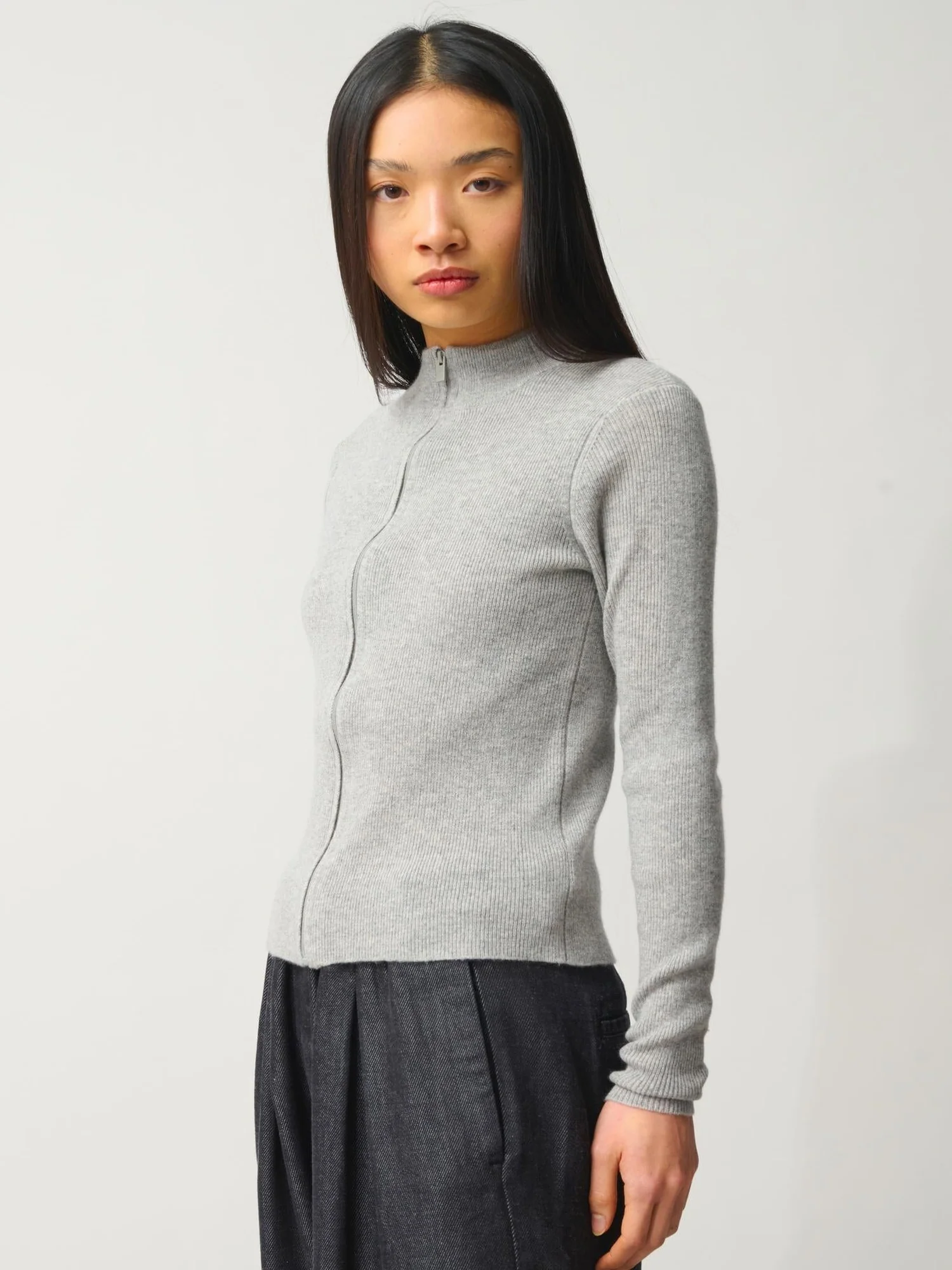 ALBERTE gilet zippé col montant gris chiné 100% cachemire