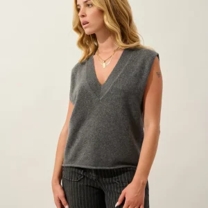 AMELIE pull col v sans manches 4 fils anthracite chiné 100% cachemire