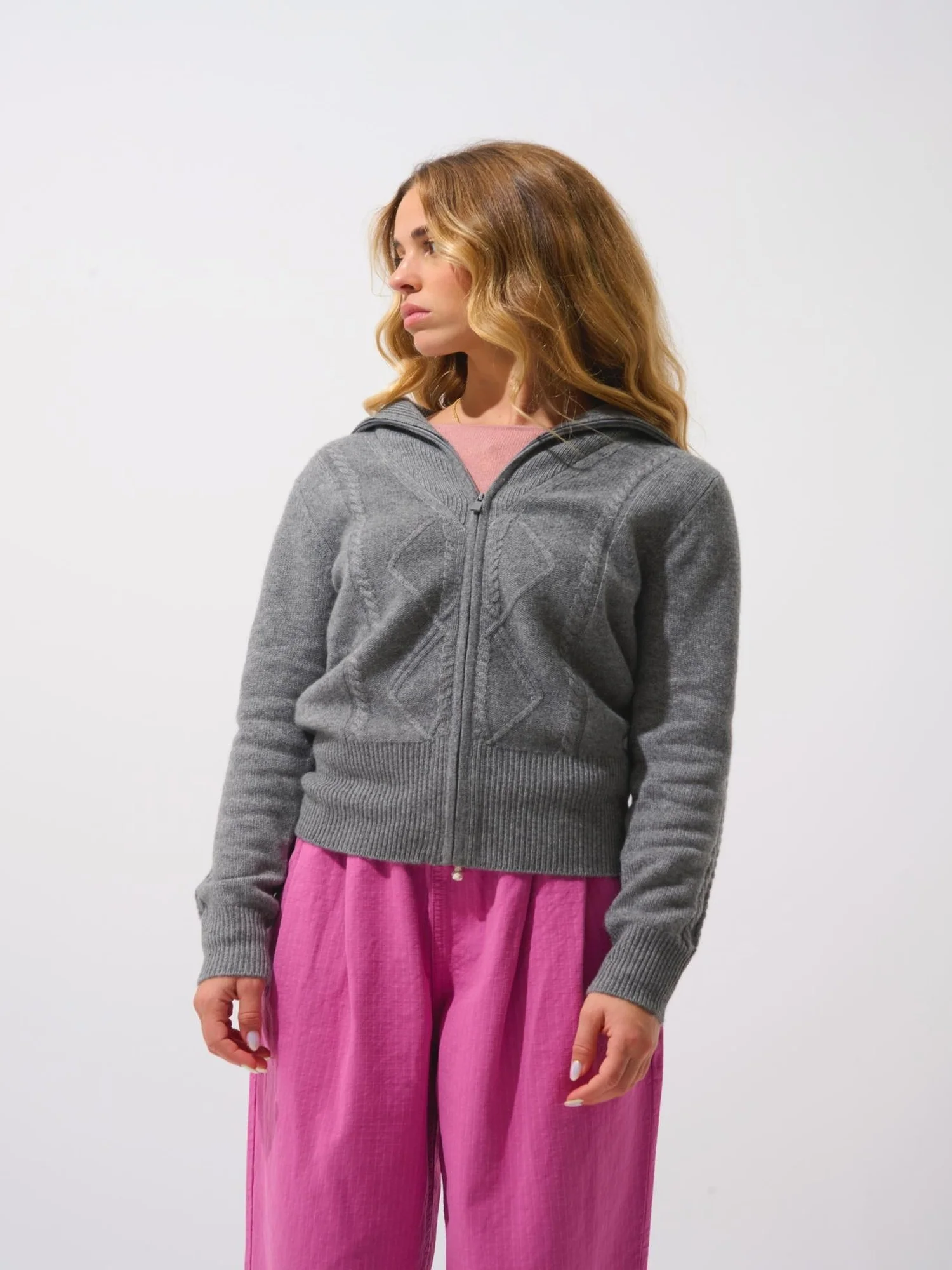 ANTIGO gilet zippé col camionneur 4 fils flanelle chiné 100% cachemire – Image 2