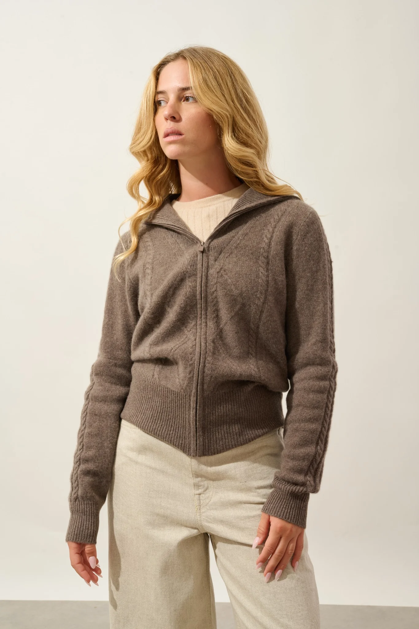 ANTIGO gilet zippé col camionneur 4 fils taupe chiné 100% cachemire