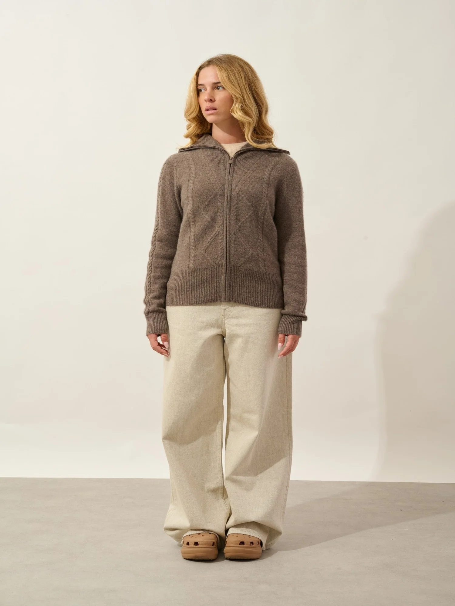 ANTIGO gilet zippé col camionneur 4 fils taupe chiné 100% cachemire – Image 5