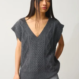 ASLOG pull col v sans manches 4 fils anthracite chiné 100% cachemire