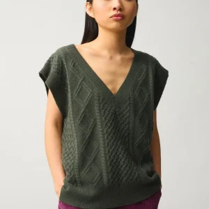 ASLOG pull col v sans manches 4 fils kaki 100% cachemire