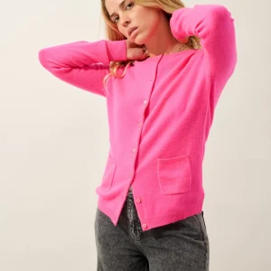 CARON cardigan col rond flamand rose fluo 100% cachemire