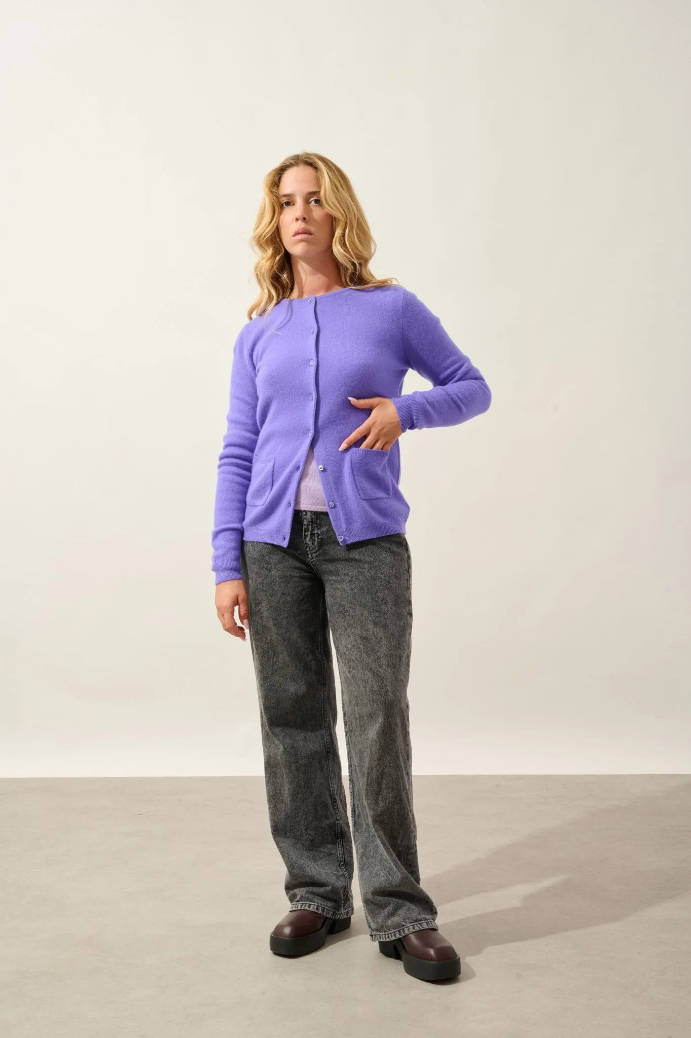 CARON cardigan col rond lavandin 100% cachemire