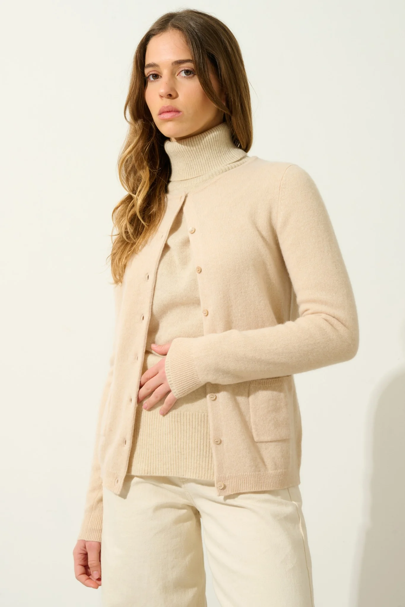 CARON cardigan col rond sable 100% cachemire