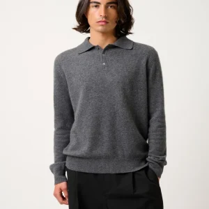 CHARVET polo manches longues anthracite chiné 100% cachemire