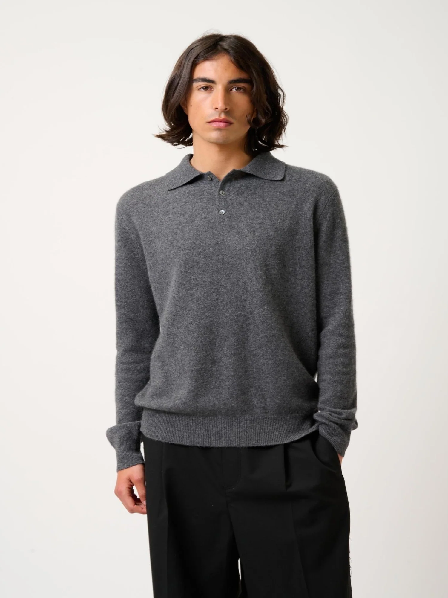 CHARVET polo manches longues anthracite chiné 100% cachemire