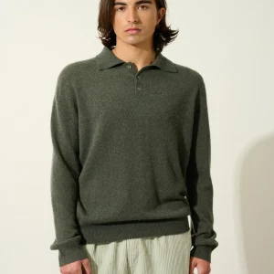 CHARVET polo manches longues kaki chiné 100% cachemire