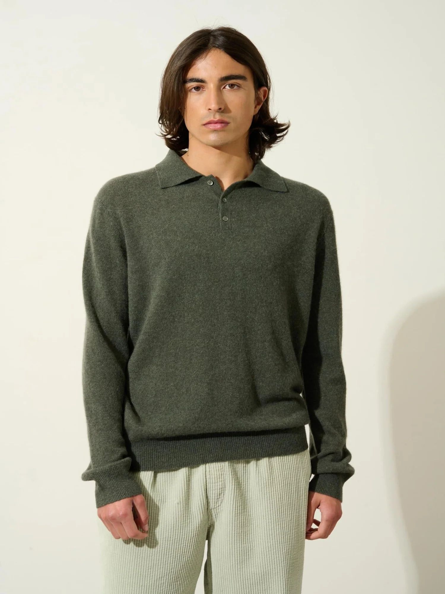 CHARVET polo manches longues kaki chiné 100% cachemire