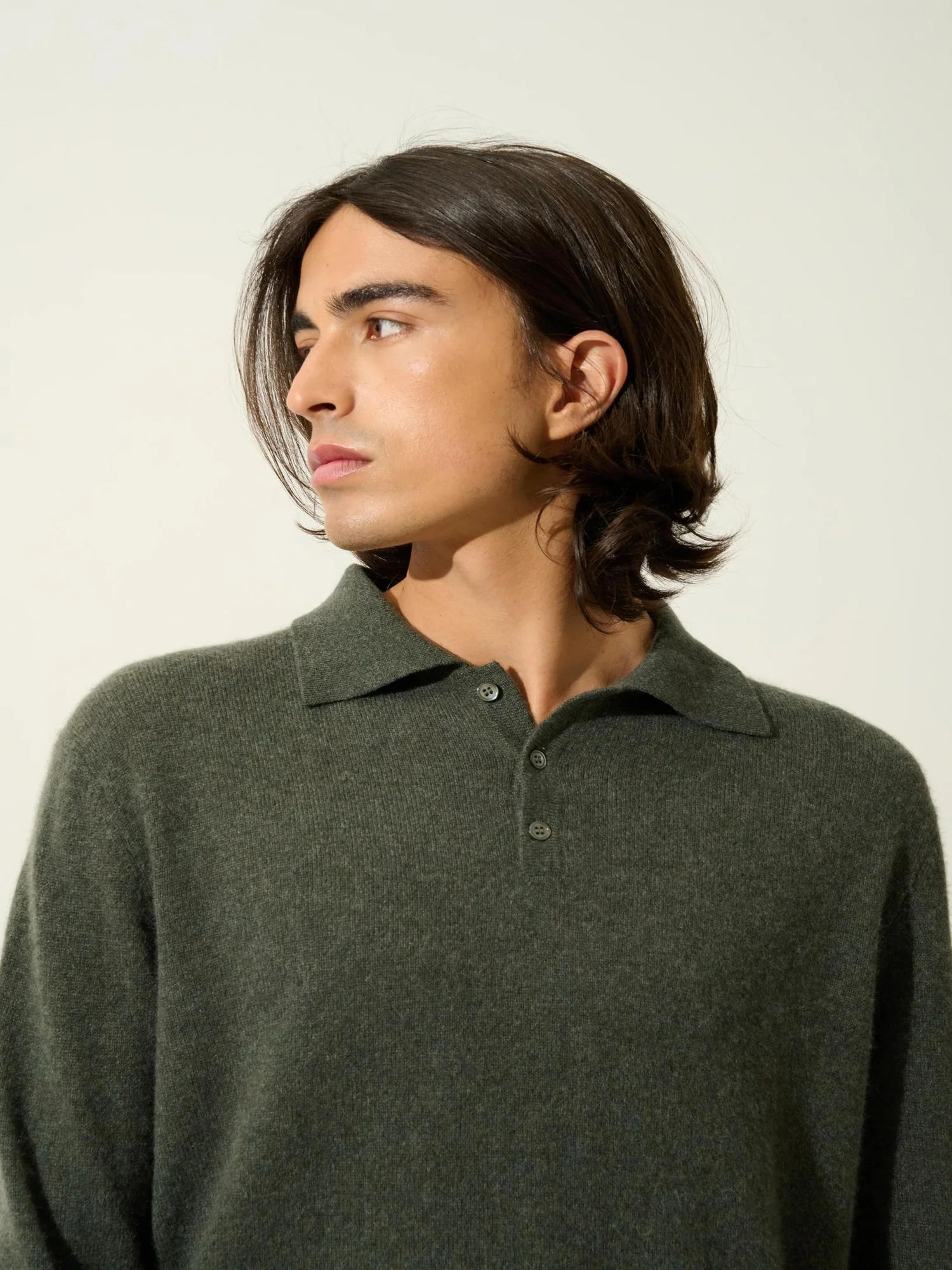 CHARVET polo manches longues kaki chiné 100% cachemire – Image 2