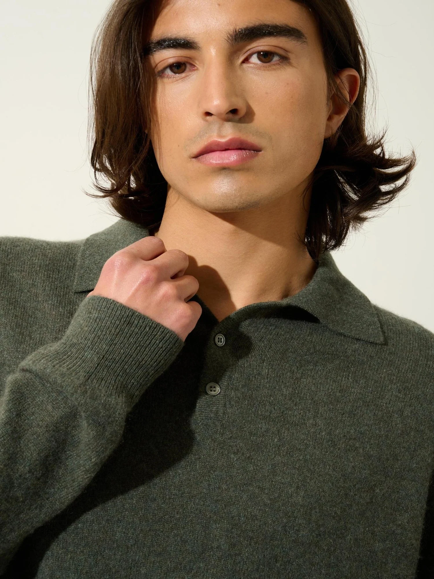 CHARVET polo manches longues kaki chiné 100% cachemire – Image 3