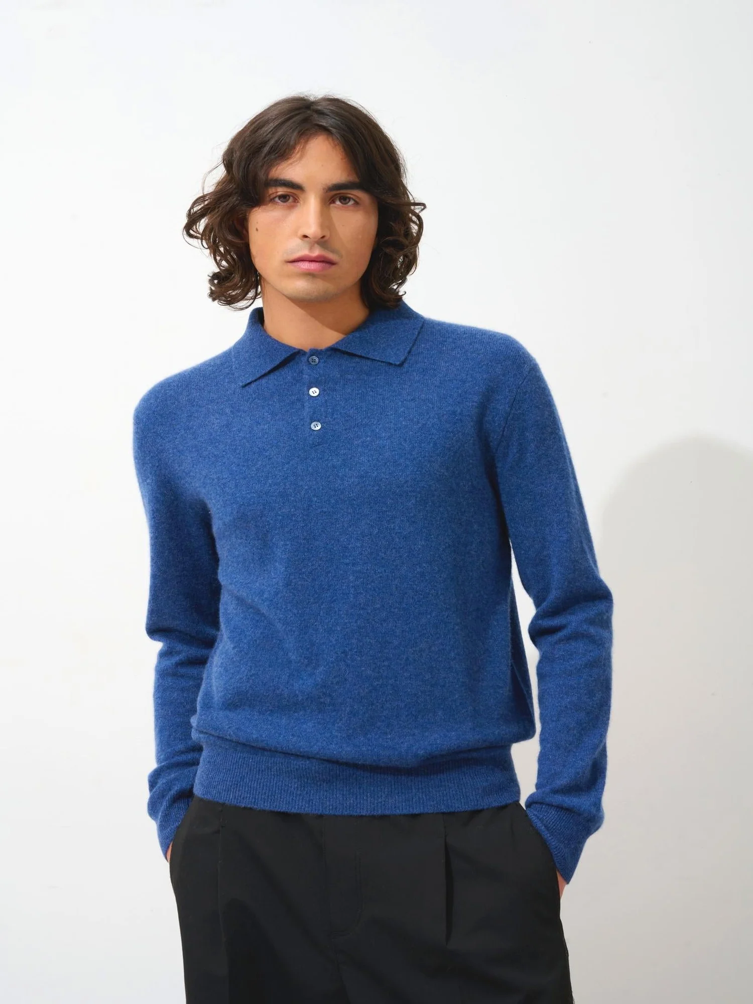 CHARVET polo manches longues ocean chiné 100% cachemire