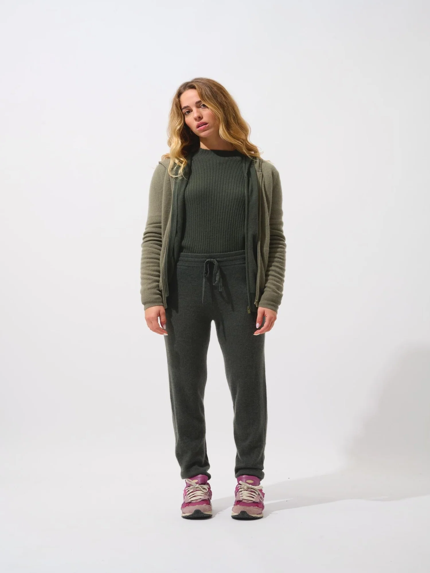 COLOMBIS gilet zippé capuche army 100% cachemire