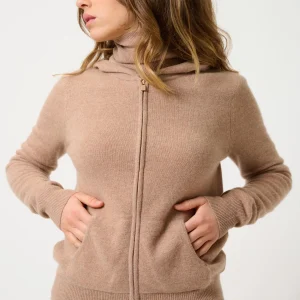 COLOMBIS gilet zippé capuche camel chiné 100% cachemire