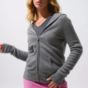 COLOMBIS gilet zippé capuche flanelle chiné 100% cachemire