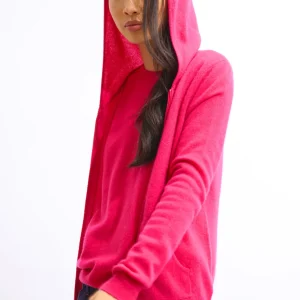 COLOMBIS gilet zippé capuche fuchsia 100% cachemire