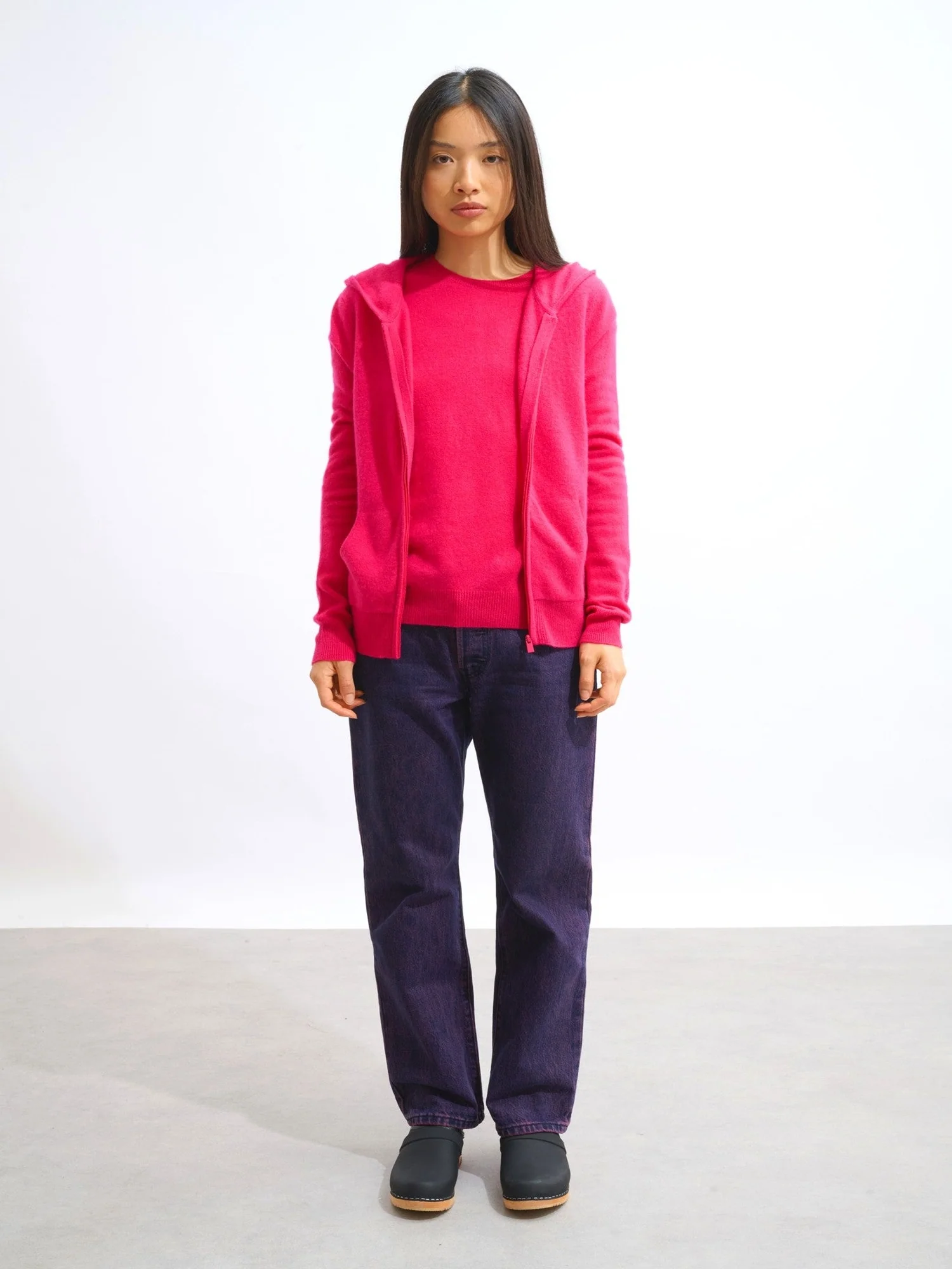 COLOMBIS gilet zippé capuche fuchsia 100% cachemire – Image 5