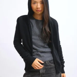 COLOMBIS gilet zippé capuche noir 100% cachemire