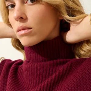 DEMI poncho ouvert col roulé 4 fils bordeaux 100% cachemire