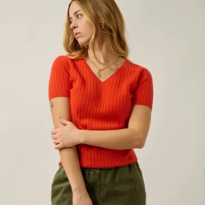 EIRA t-shirt col v orange 100% cachemire
