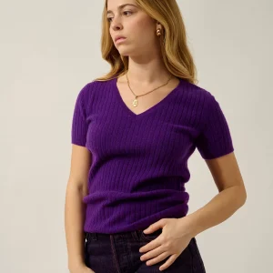 EIRA t-shirt col v violette 100% cachemire