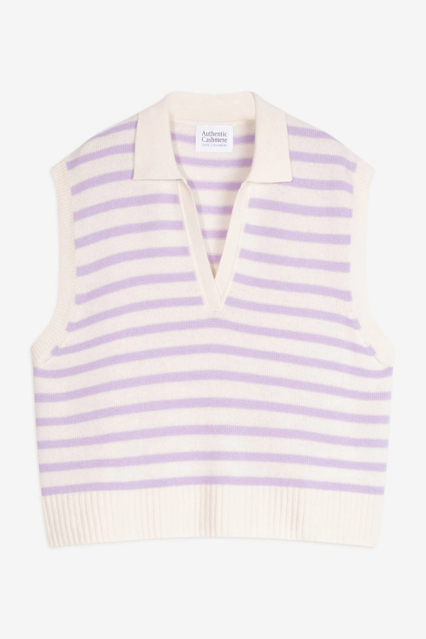 FELINA pull col polo ouvert sans manches 4 fils bi-color mauve/ivoire 100% cachemire – Image 7