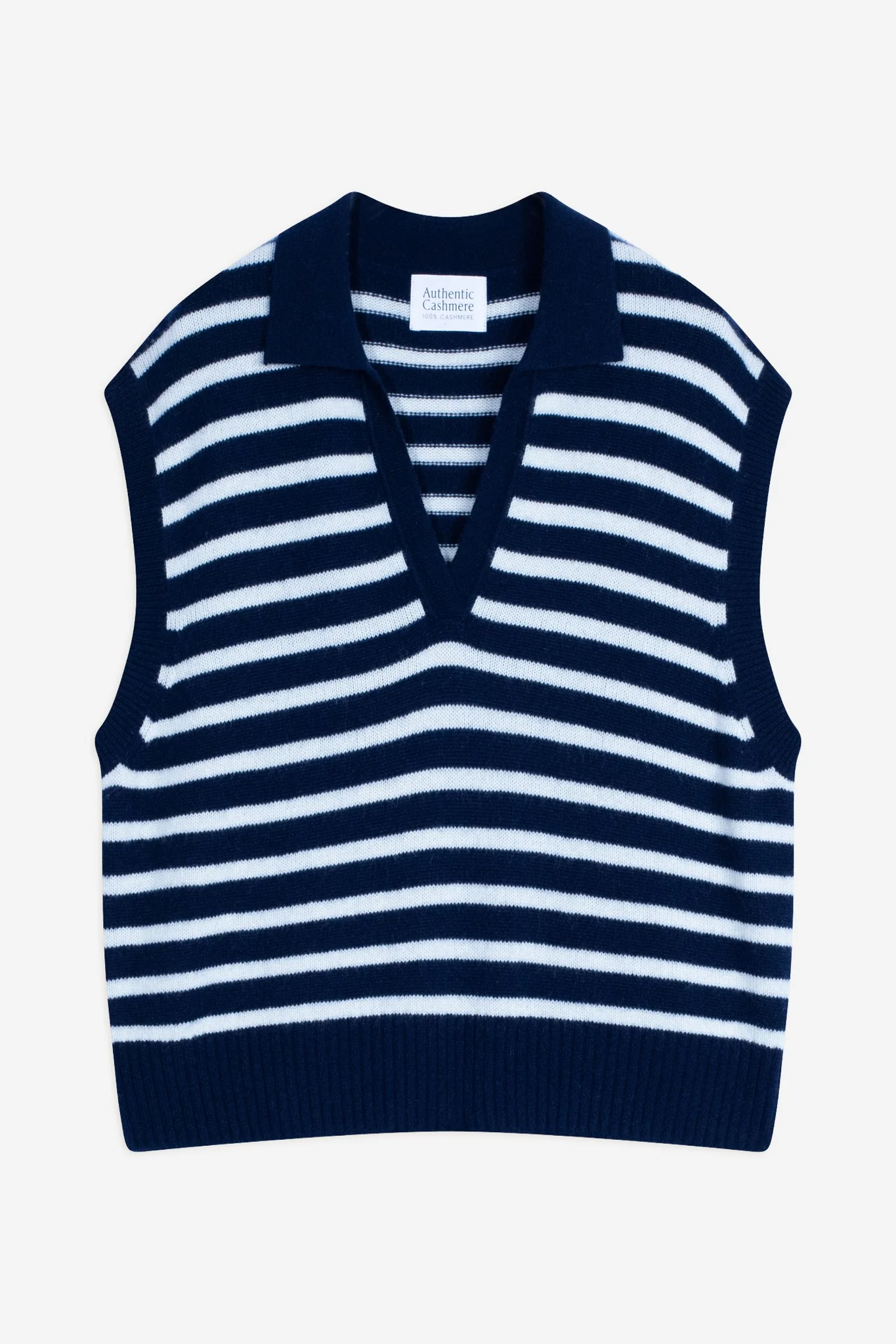 FELINA pull col polo ouvert sans manches 4 fils bi-color navy/ivoire 100% cachemire – Image 6