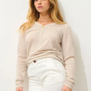 GABLE pull col v boutonné beige chiné 100% cachemire