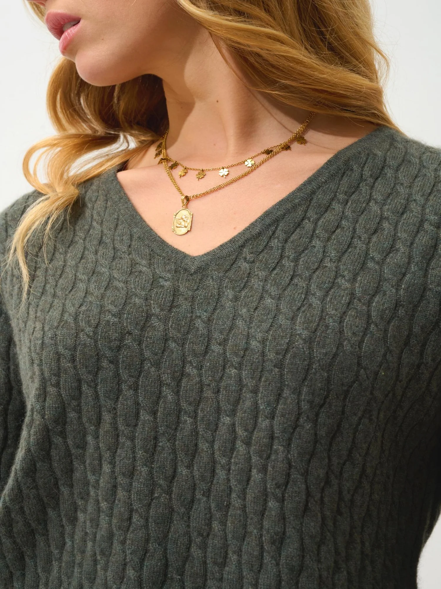 GRASMOOR pull col v kaki chiné 100% cachemire – Image 6