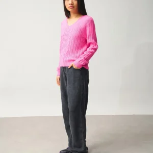 INDIRA pull col v 6 fils rose fluo 100% cachemire