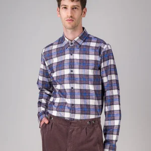 Chemise en velours bio carreaux violet bleu écru